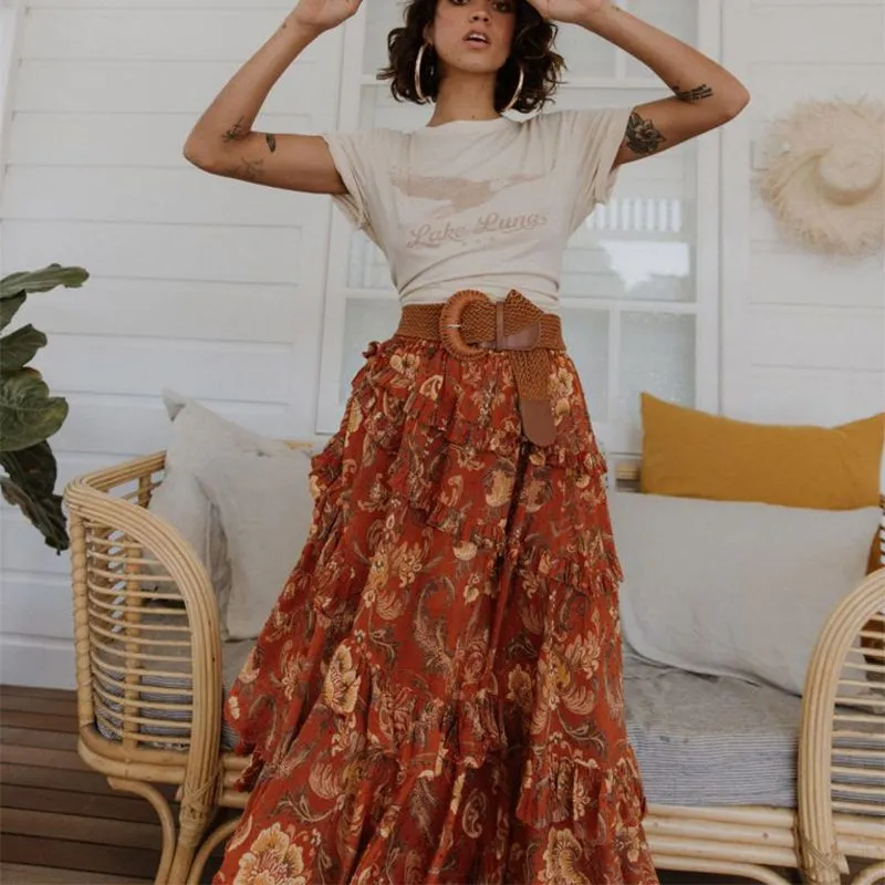 90s Fashion Retro Elastic Waist Paisley Ruffle Midi Skirt