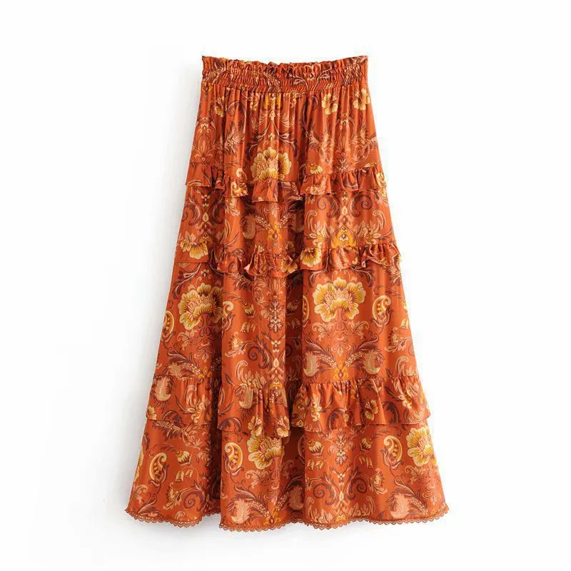 90s Fashion Retro Elastic Waist Paisley Ruffle Midi Skirt