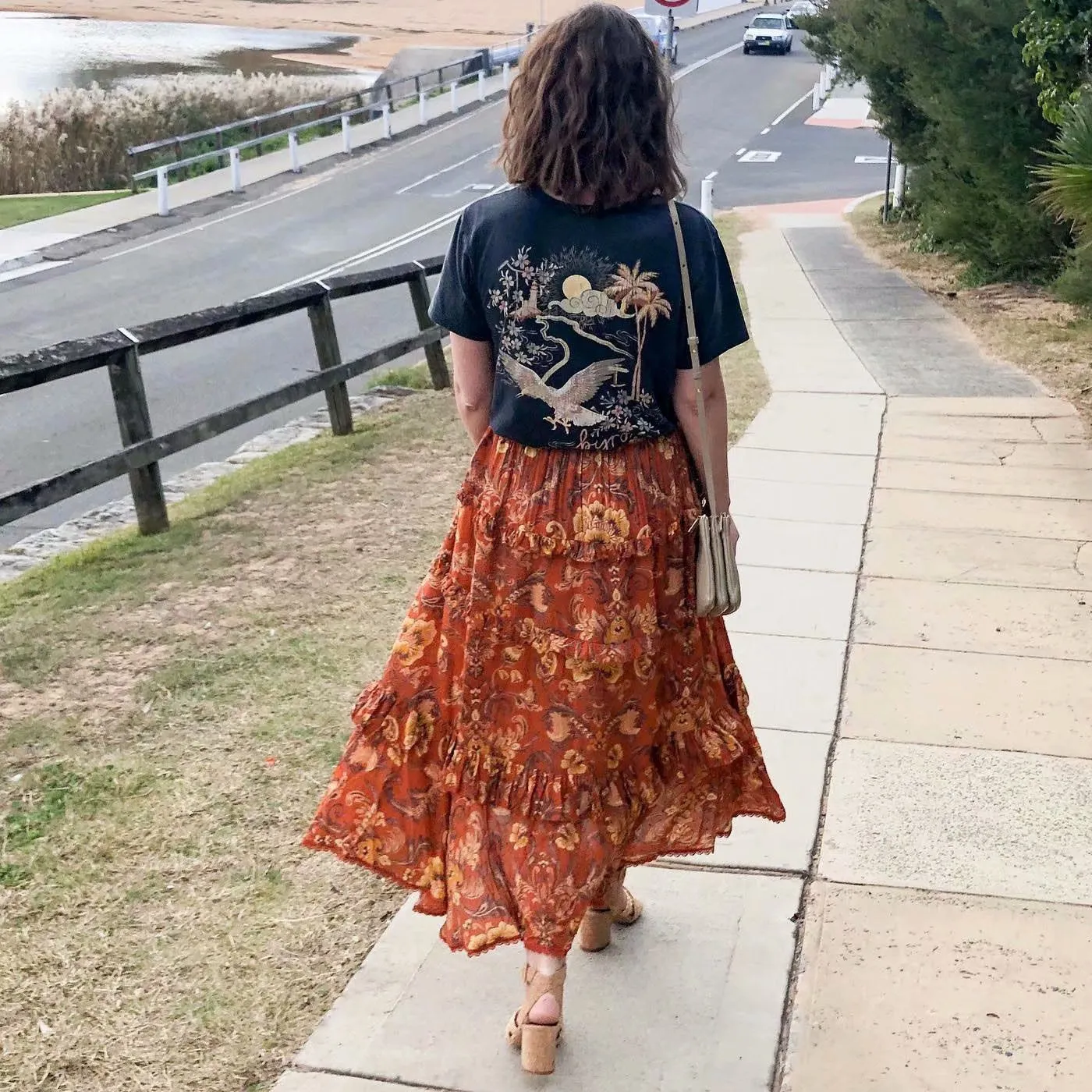 90s Fashion Retro Elastic Waist Paisley Ruffle Midi Skirt