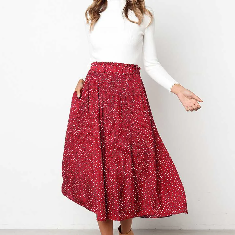 90s Fashion Retro Elastic Waist Paisley Ruffle Midi Skirt