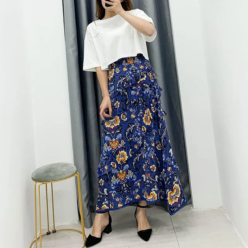 90s Fashion Retro Elastic Waist Paisley Ruffle Midi Skirt