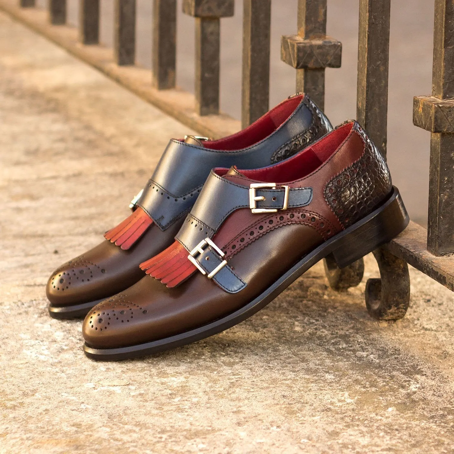 Ambrogio Bespoke Custom Women's Shoes Black, Burgundy, Red, Navy & Brown Crocodile Print / Calf-Skin Leather Kiltie Monk-Straps Loafers (AMBW1100)