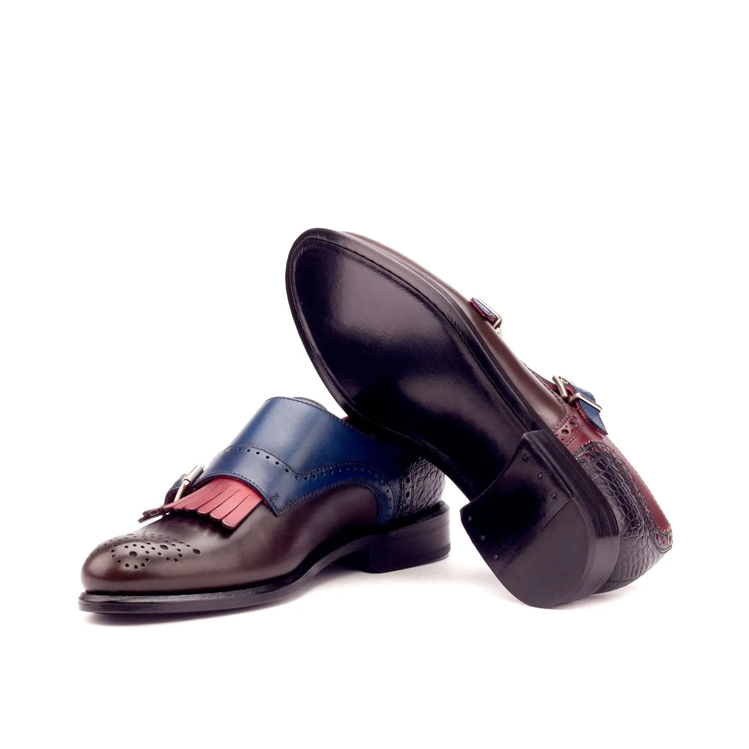 Ambrogio Bespoke Custom Women's Shoes Black, Burgundy, Red, Navy & Brown Crocodile Print / Calf-Skin Leather Kiltie Monk-Straps Loafers (AMBW1100)