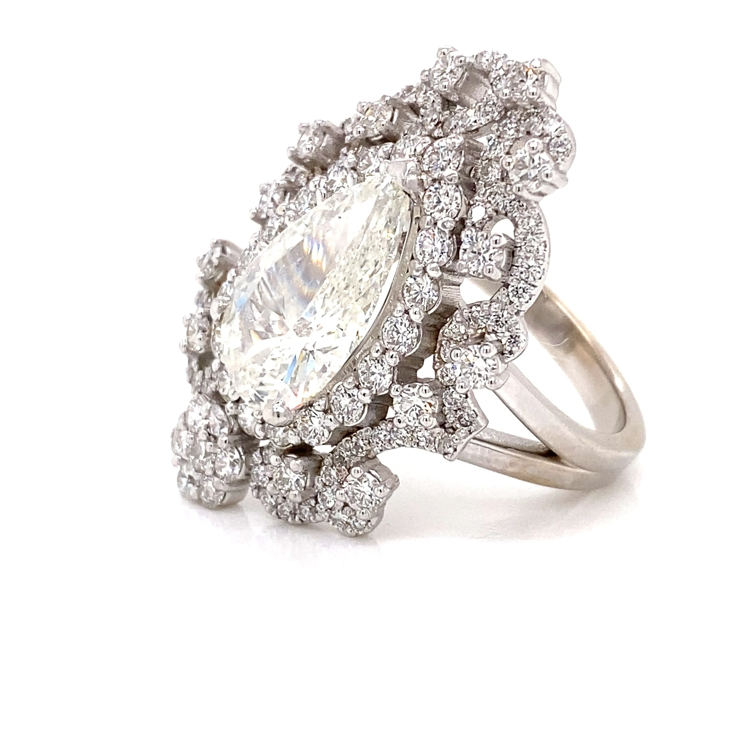 ANTOINETTE 6 CARAT PEAR SHAPE E COLOR VS1 CLARITY DIAMOND ENGAGEMENT RING BAROQUE 14K WHITE GOLD GIA CERTIFIED 4CT E VS1 BY MIKE NEKTA