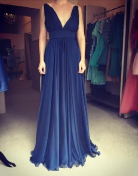 blue chiffon long backless v-neck prom dresses, PD815