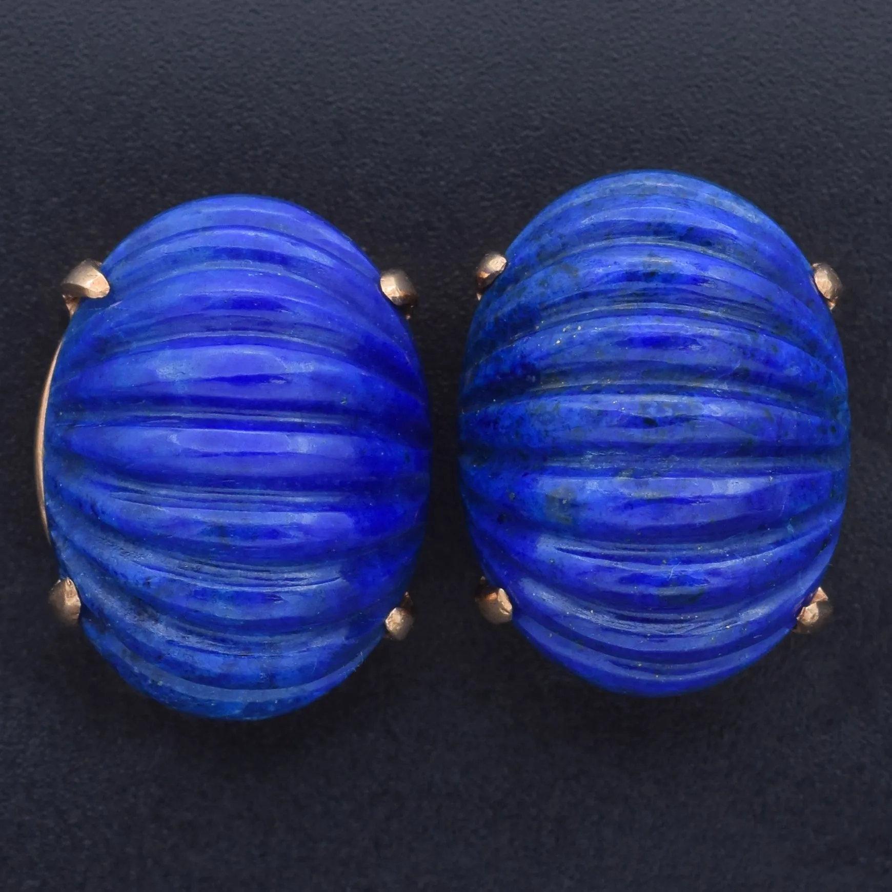 Cartier Vintage 1950s/1960s 14K Yellow Gold Lapis Carved Oval Cabochon Earrings