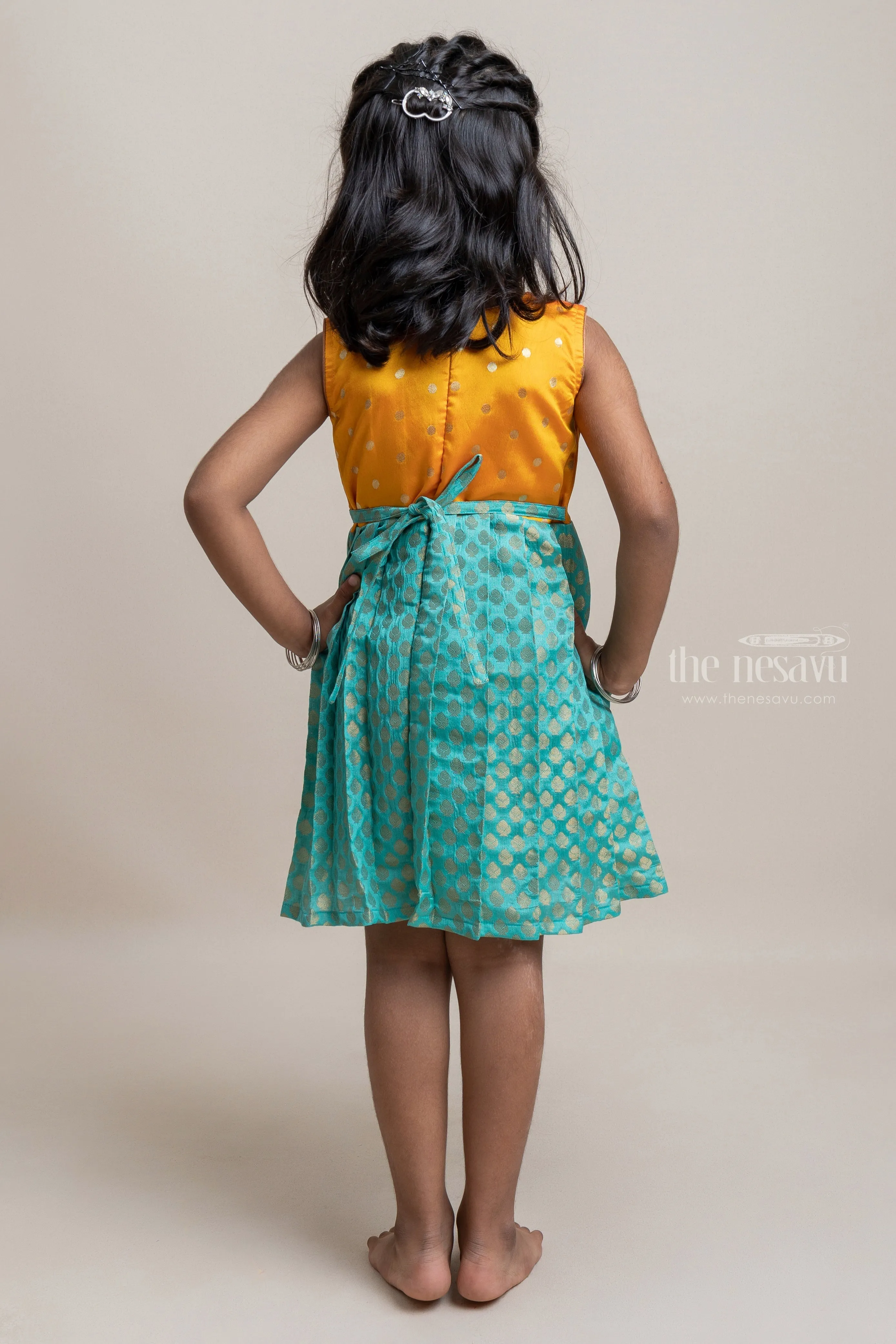 Elegant Green Pleated Semi-Silk with Golden Yellow Yoke Frock For Girls