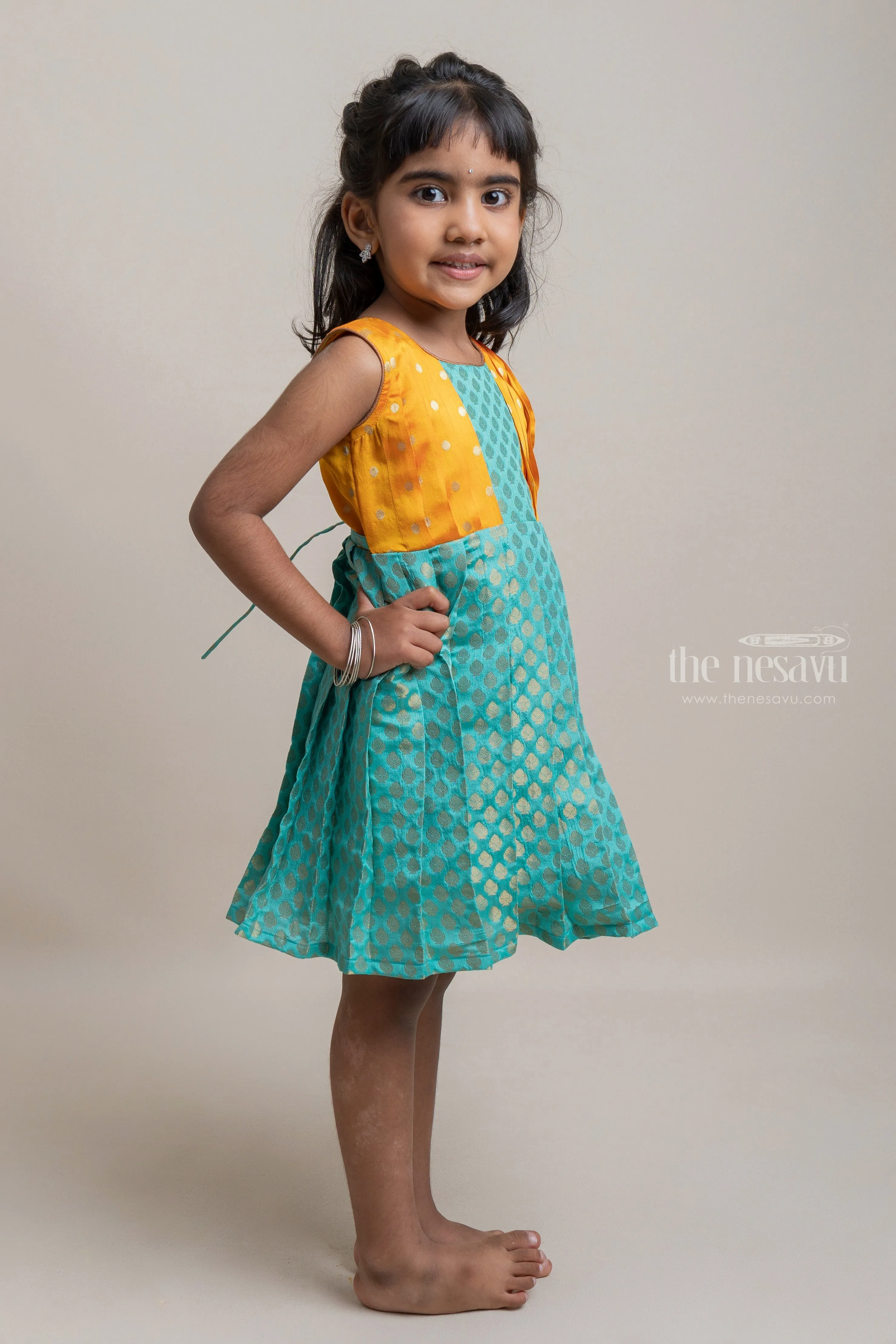 Elegant Green Pleated Semi-Silk with Golden Yellow Yoke Frock For Girls