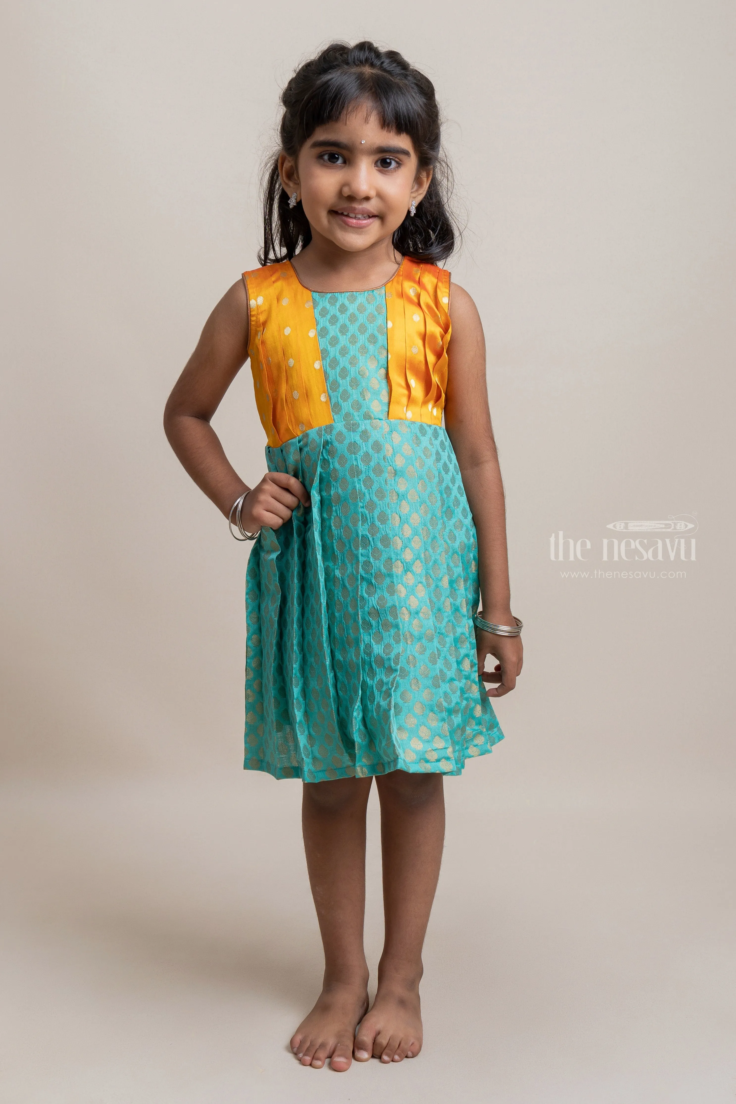 Elegant Green Pleated Semi-Silk with Golden Yellow Yoke Frock For Girls