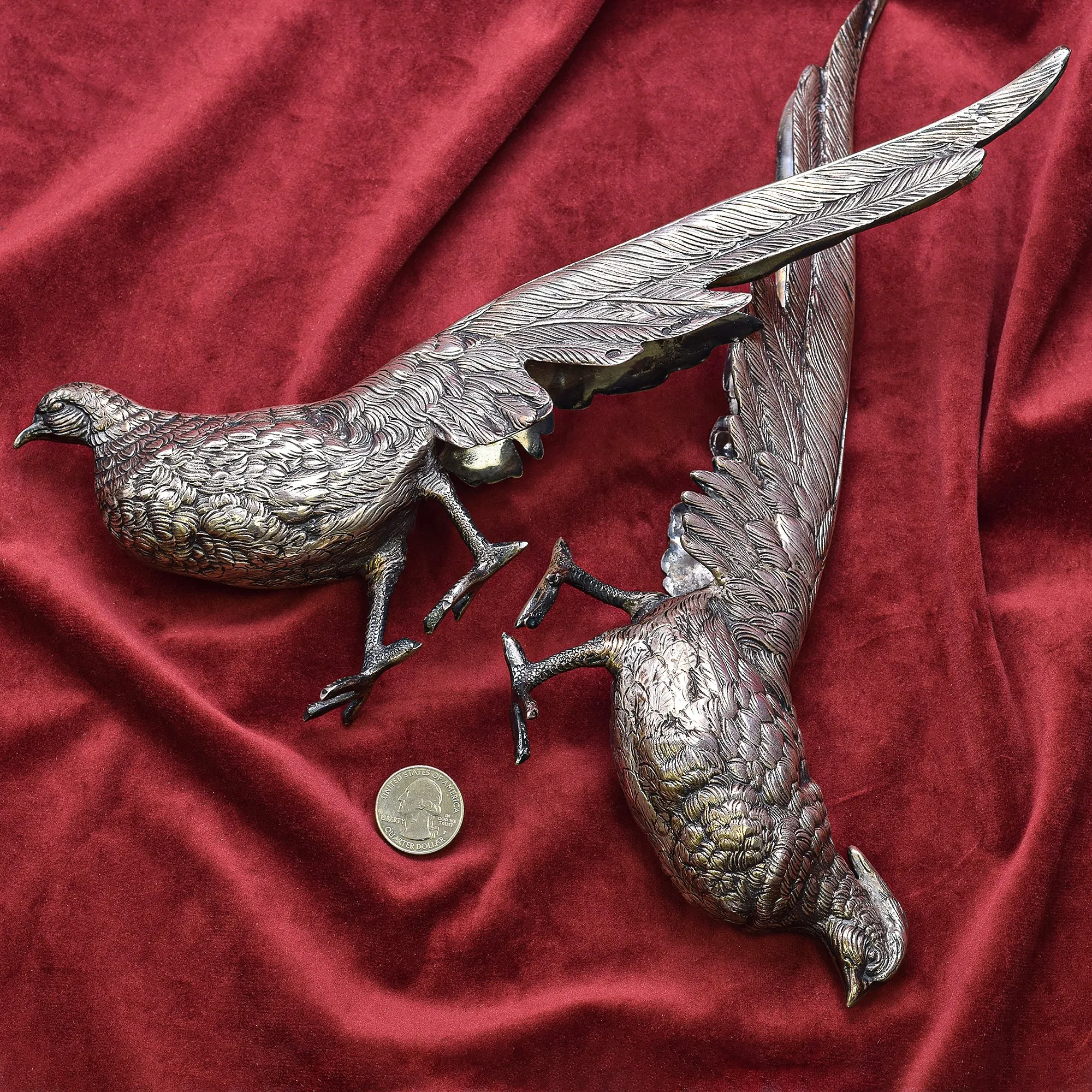 IF & SON Pair of Vintage Spanish Sterling Silver Pheasant Bird Large Figurines