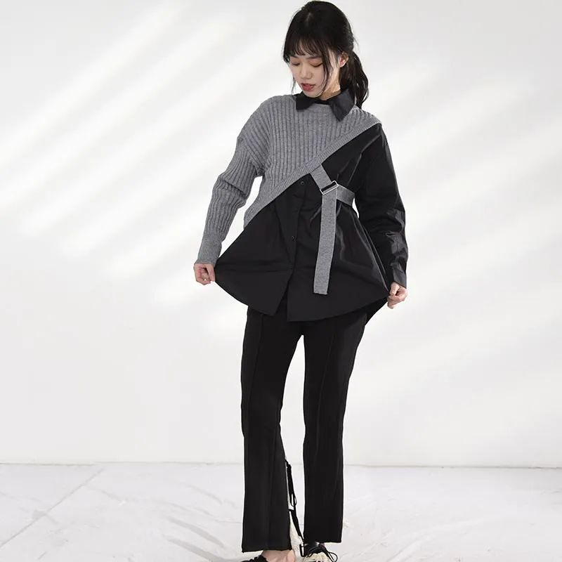 Manami Knitted Long Sleeve Irregular Shirt - Gray