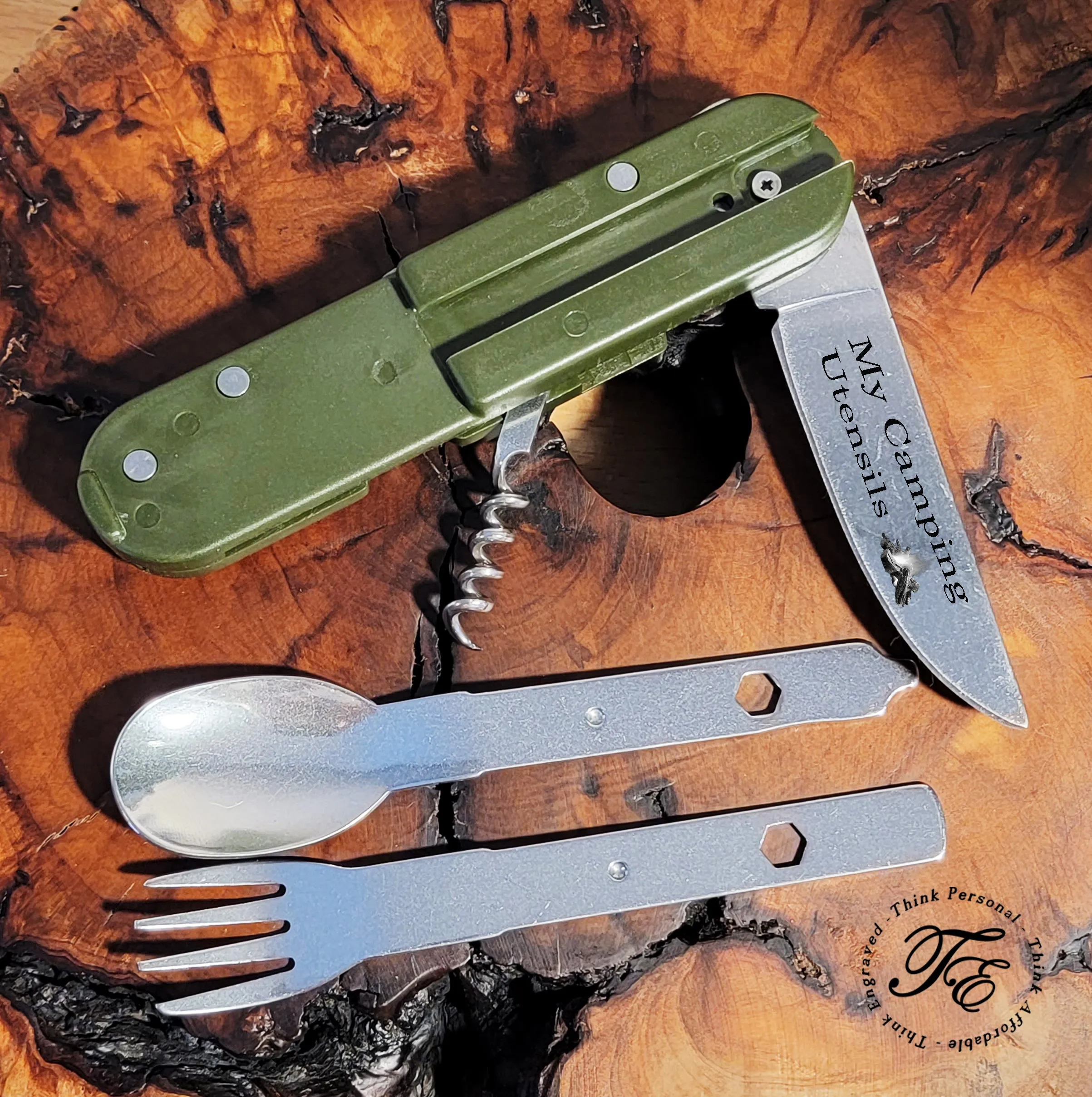 Personalized Camping or Picnic Fork, Spoon, and Knife Folding Utensil Multi-Tool Green