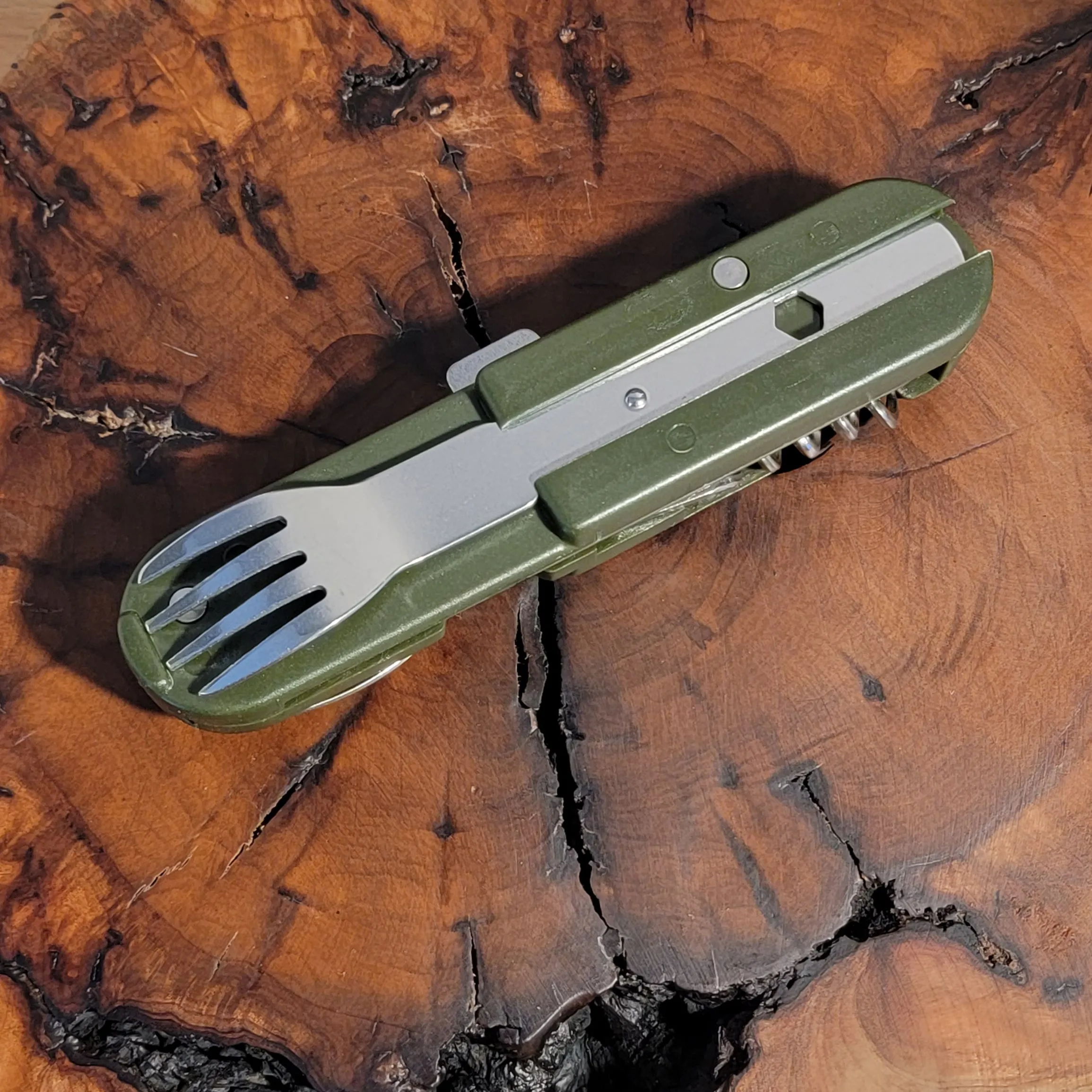 Personalized Camping or Picnic Fork, Spoon, and Knife Folding Utensil Multi-Tool Green