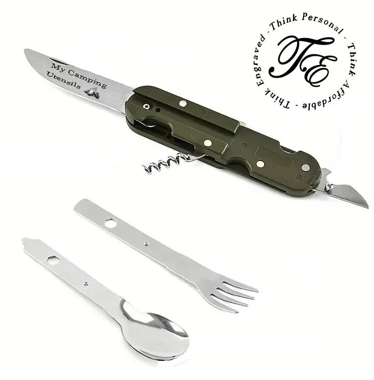 Personalized Camping or Picnic Fork, Spoon, and Knife Folding Utensil Multi-Tool Green