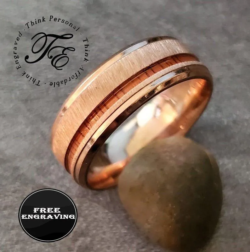 Personalized Men's Rose Gold Promise Ring - Koa Wood Inlay