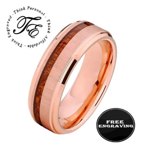 Personalized Men's Rose Gold Promise Ring - Koa Wood Inlay