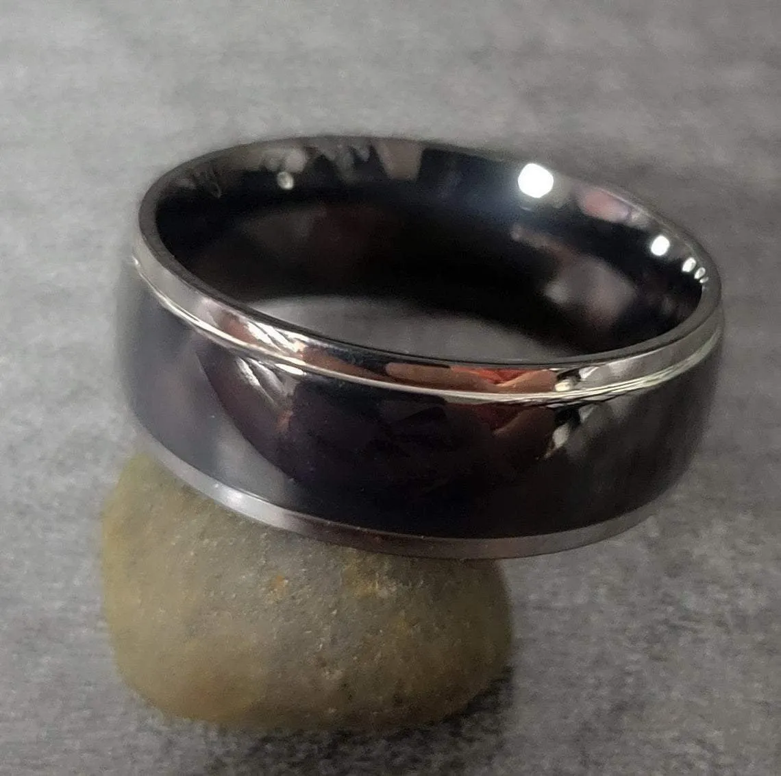 Personalized Men's Titanium Promise Ring - Black With Silver Beveled Dome Band