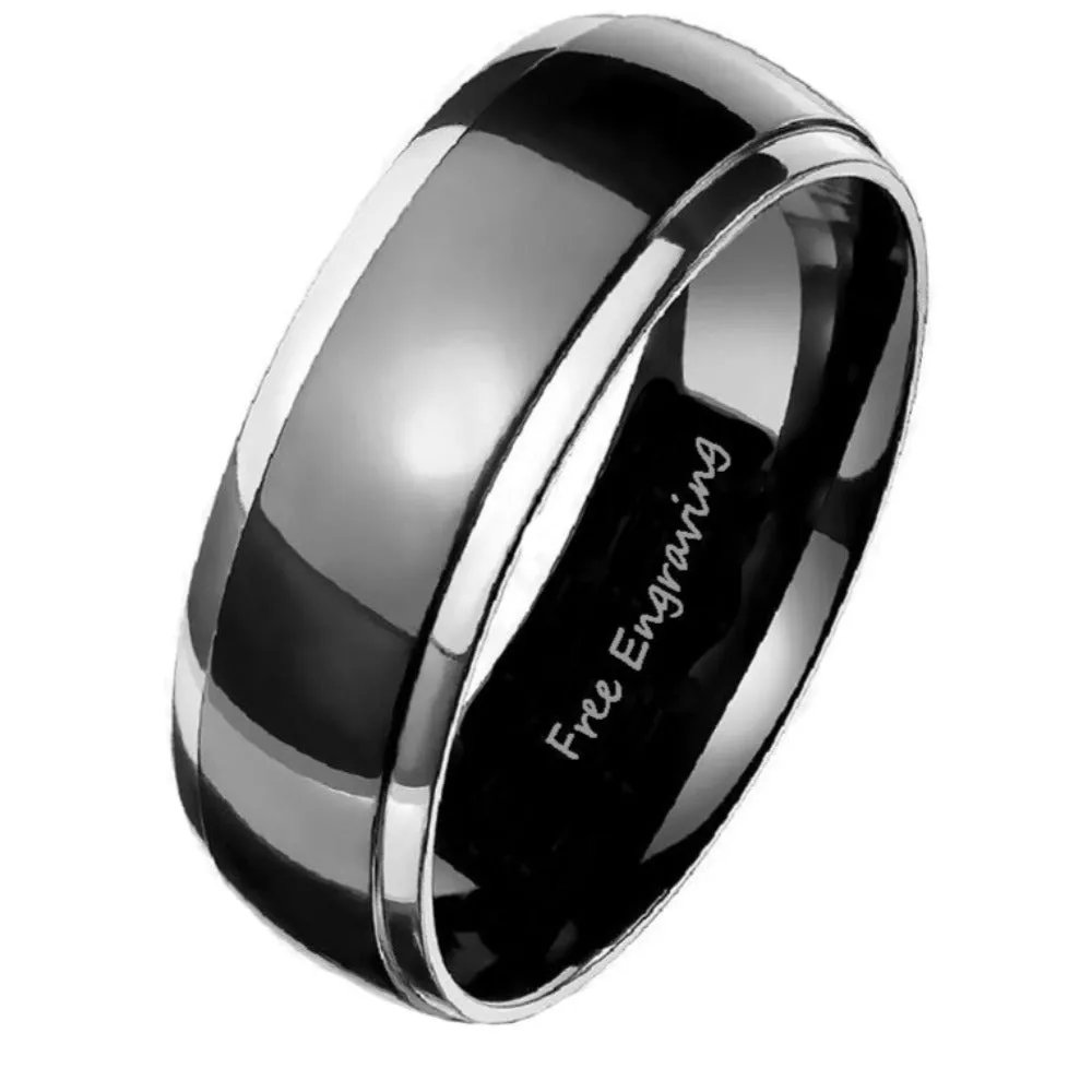 Personalized Men's Titanium Promise Ring - Black With Silver Beveled Dome Band