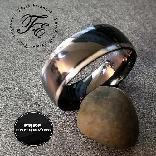 Personalized Men's Titanium Promise Ring - Black With Silver Beveled Dome Band