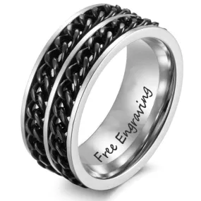 Personalized Men's Titanium Wedding Band - Silver With Double Chain Inlays