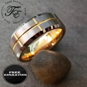 Personalized Men's Wedding Band - Grooved 14k Gold Over Real Tungsten