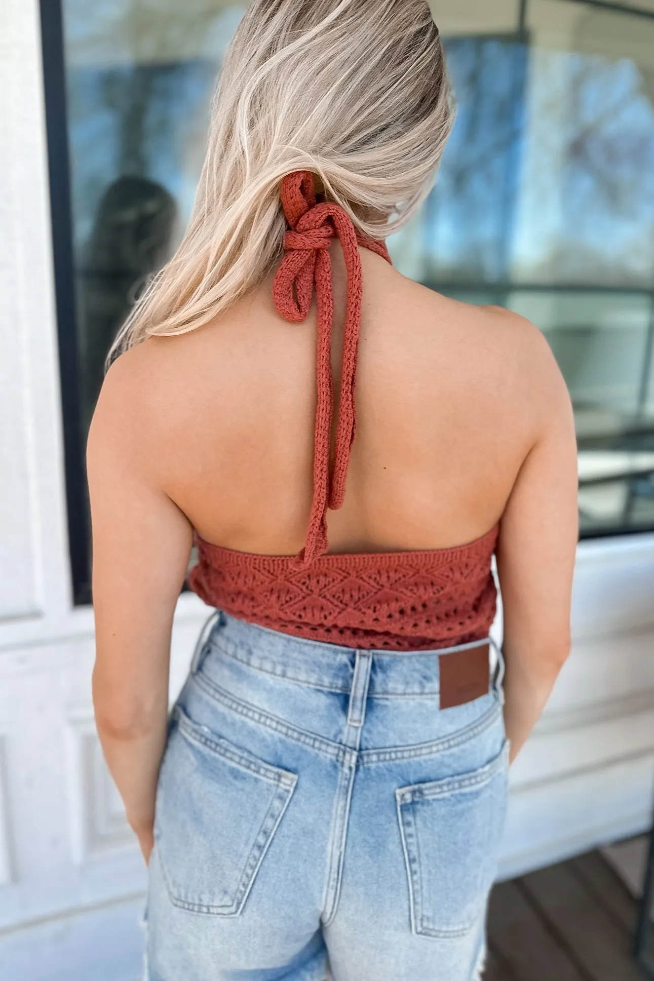 Red Clay Crochet Halter Top