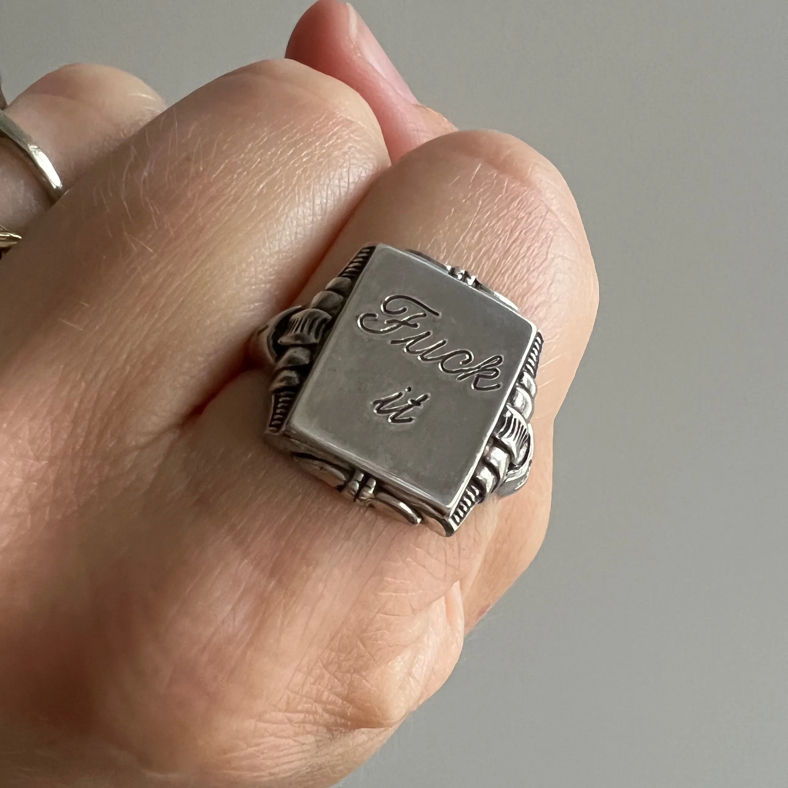 reimagined V I N T A G E // f*ck it / sterling silver rectangular signet ring with freshly engraved sentiment / size 8.25-8.5