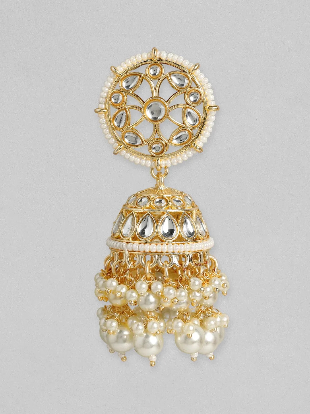 Rubans 24K Gold Plated Handcrafted Kundan with White perals Jhumka Earrings