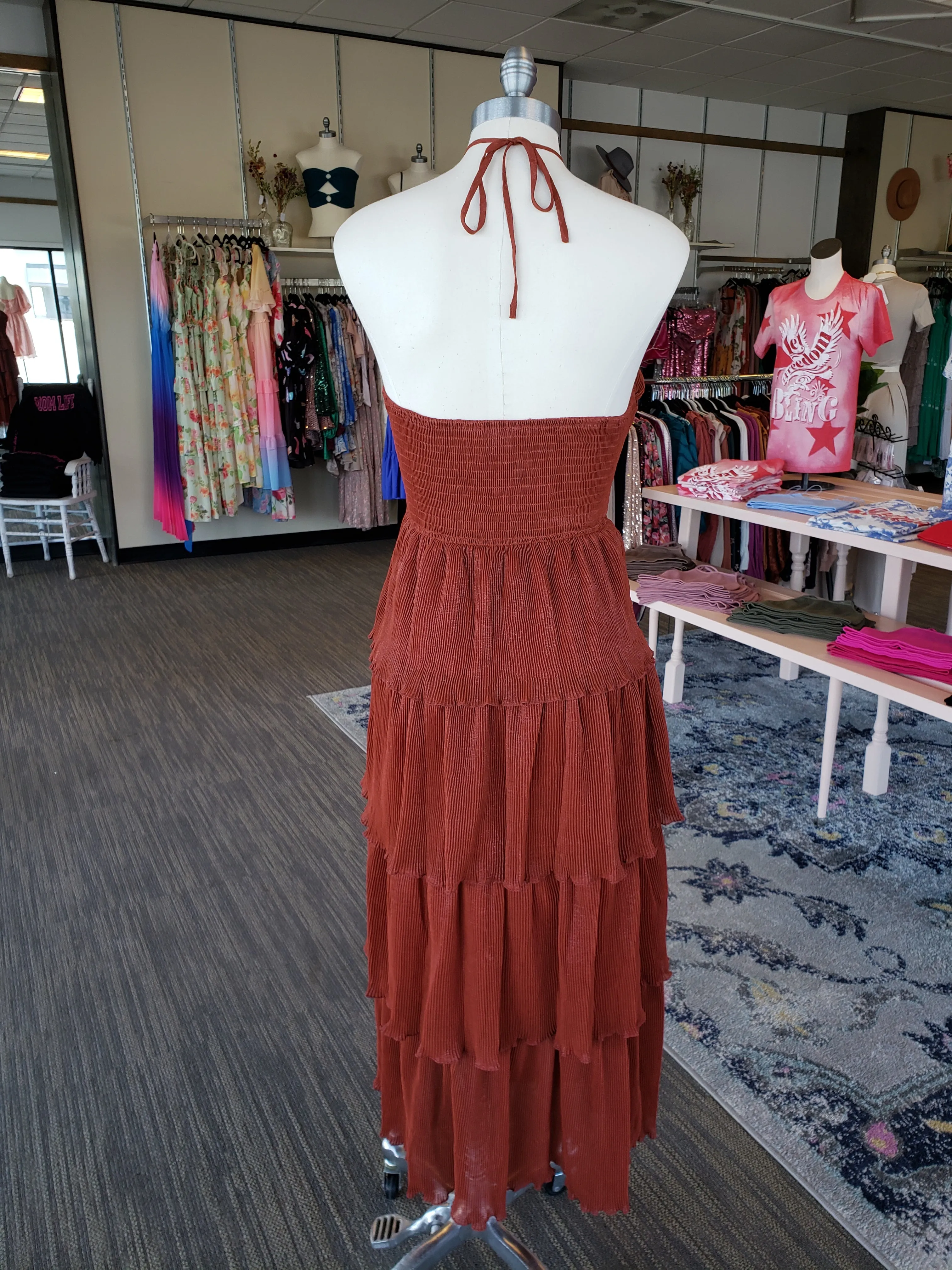 Rust Pleated Tiered Dress