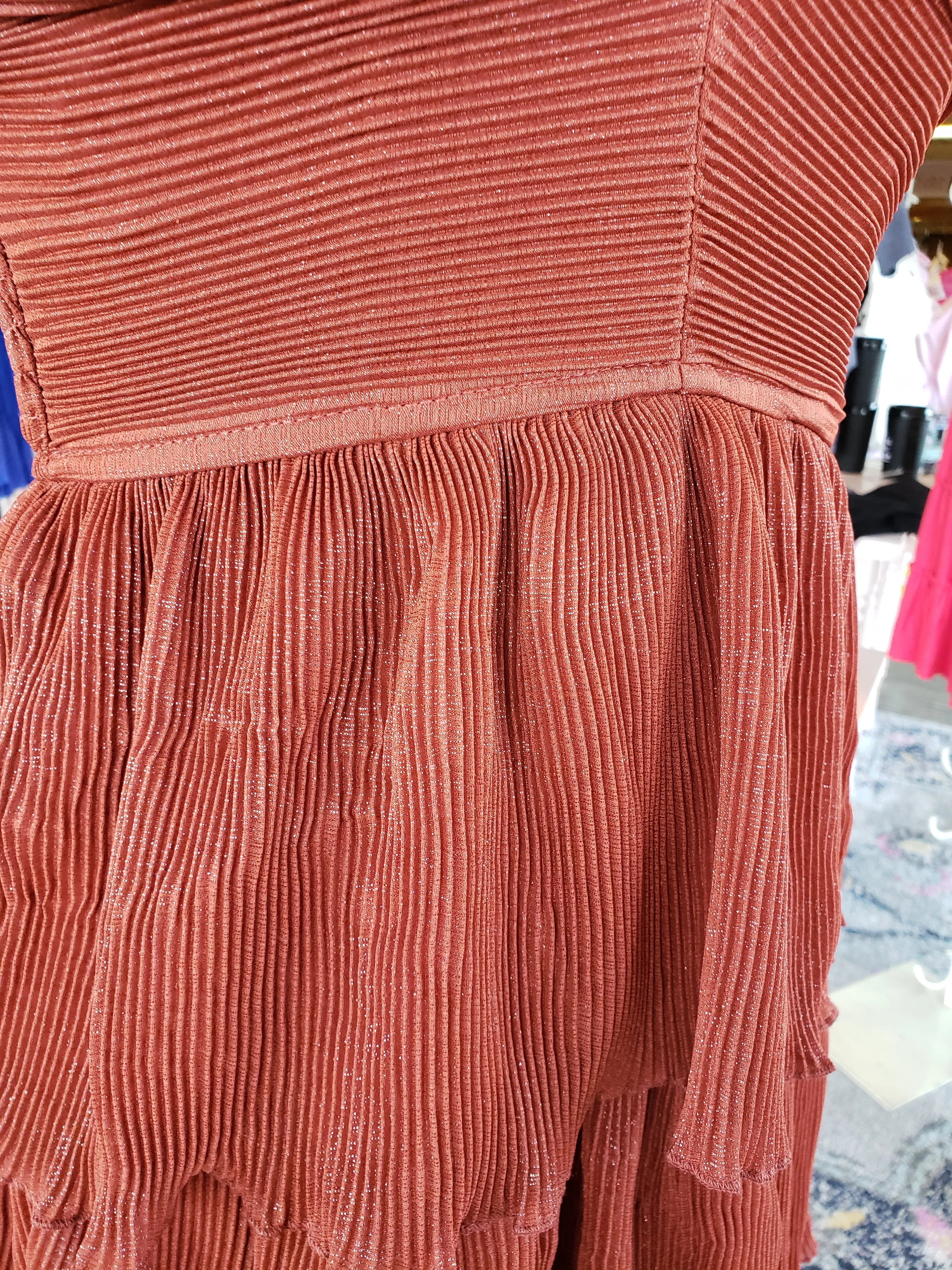 Rust Pleated Tiered Dress