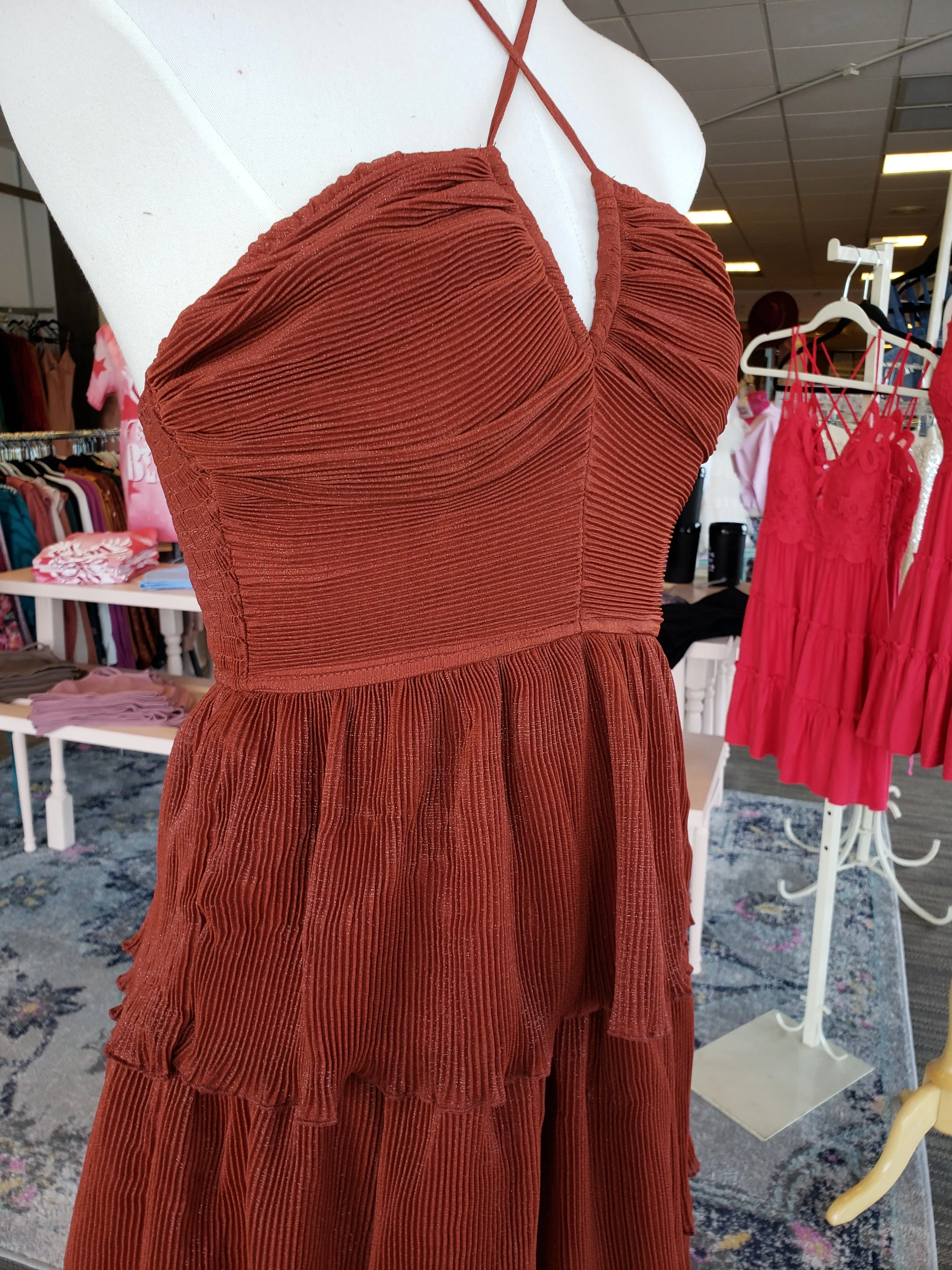 Rust Pleated Tiered Dress