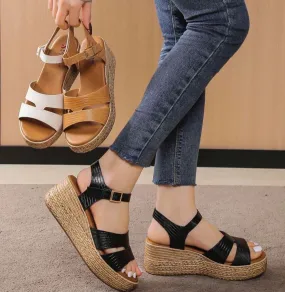 Sandalo Donna Espadrillas Monocolore Zeppa Alta Punta Tonda Ecopelle