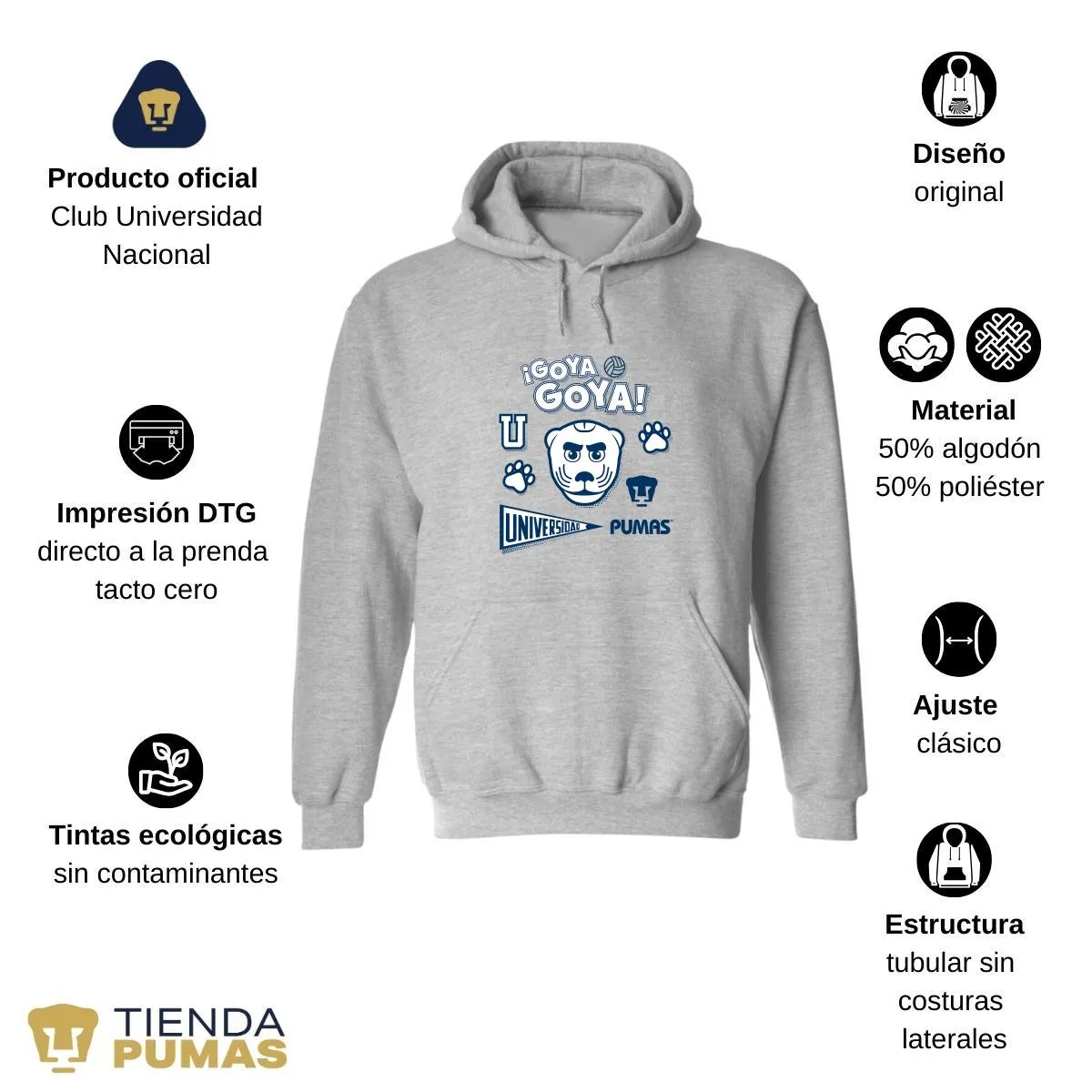 Sudadera Hombre Hoodie  Pumas UNAM Goya Universidad