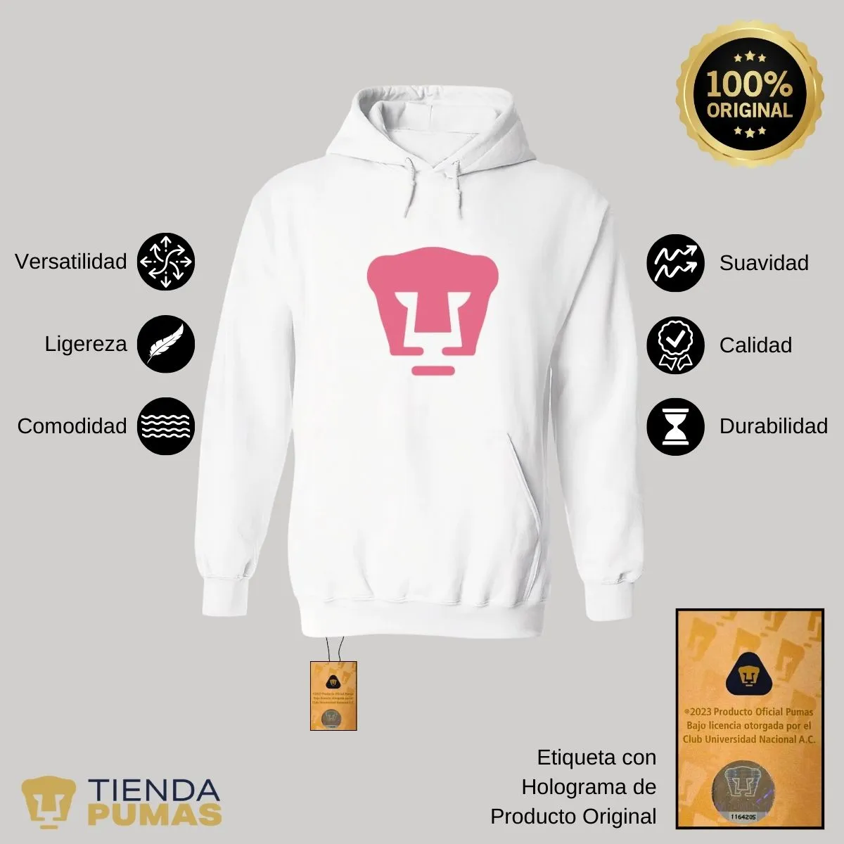 Sudadera Mujer Hoodie Pumas UNAM Logo Rosa Vinil