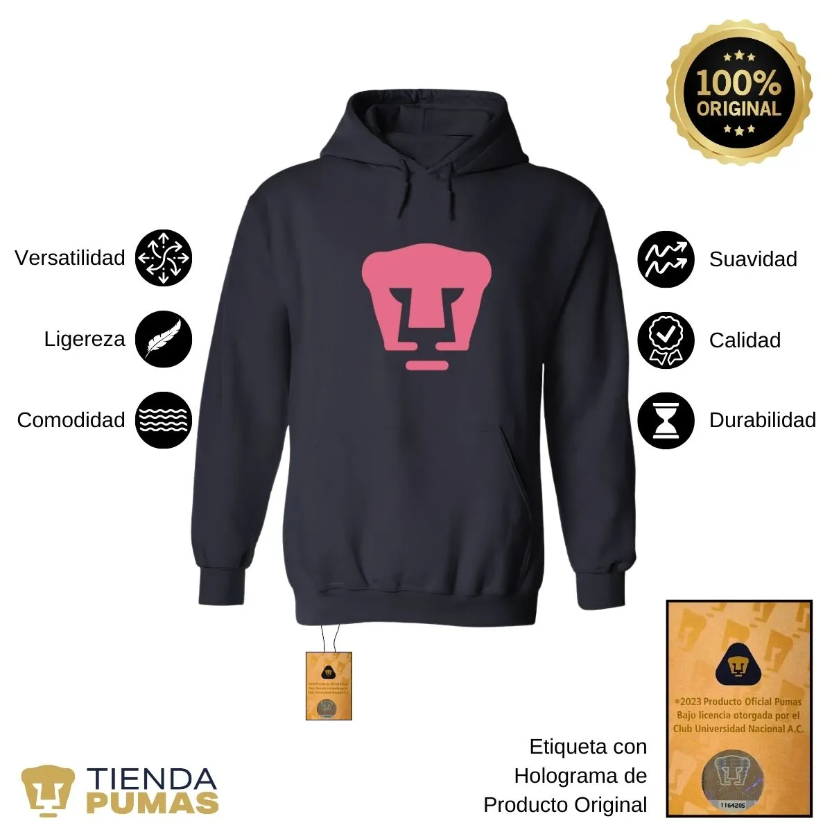 Sudadera Mujer Hoodie Pumas UNAM Logo Rosa Vinil