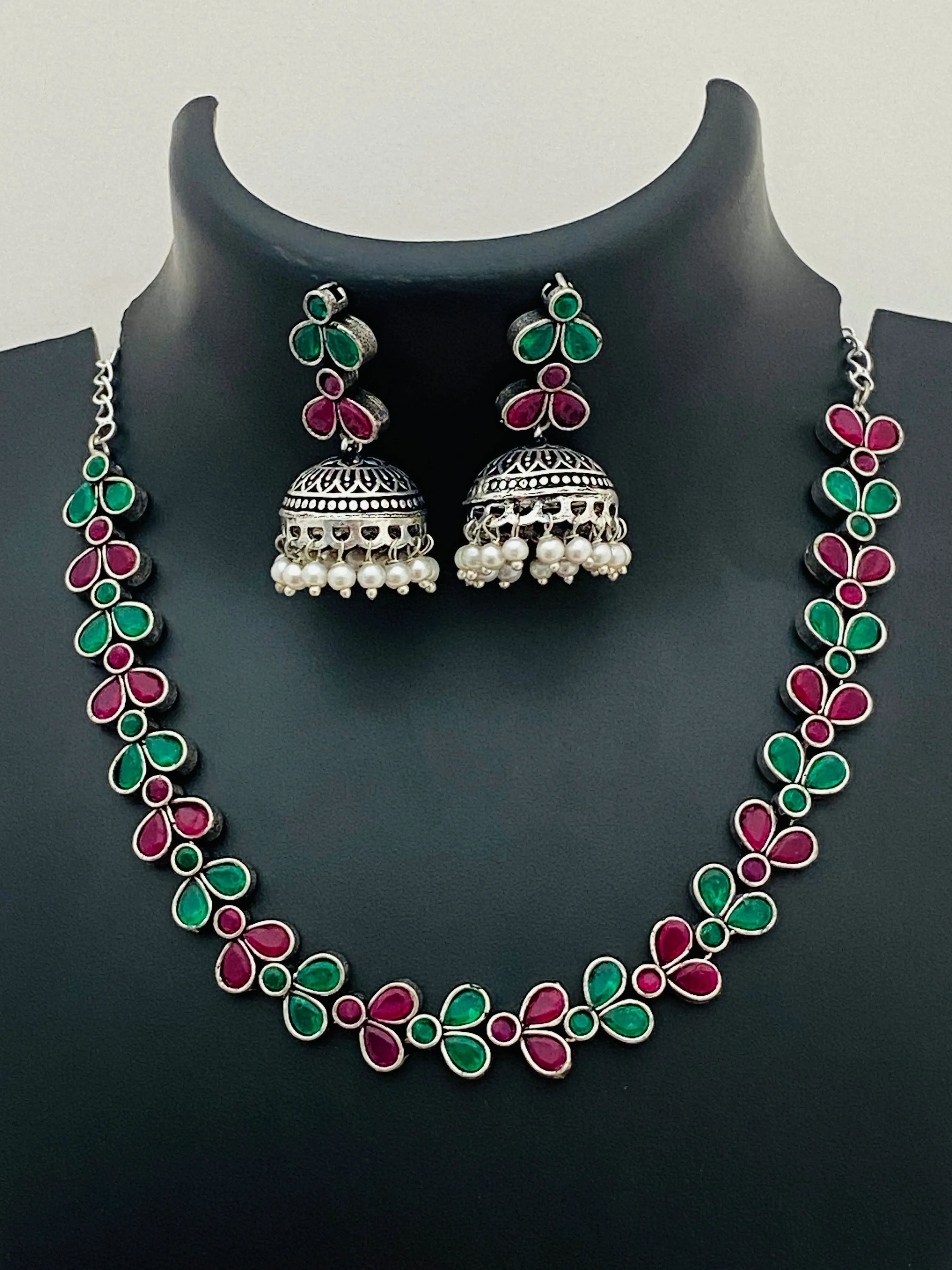 Trendy Leaf Design Multicolor Silver Oxidized Necklace With Jhumka Earrings