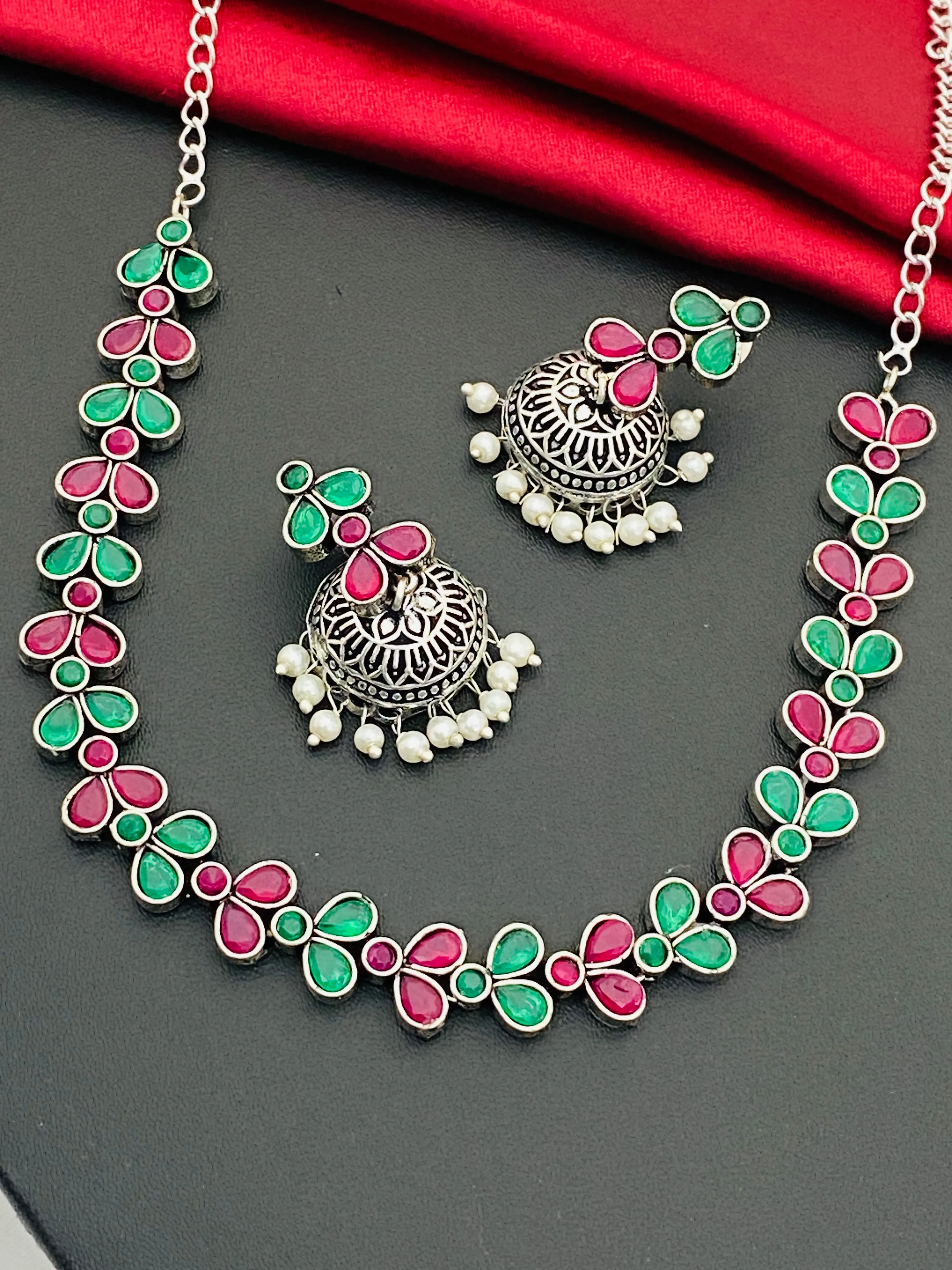 Trendy Leaf Design Multicolor Silver Oxidized Necklace With Jhumka Earrings