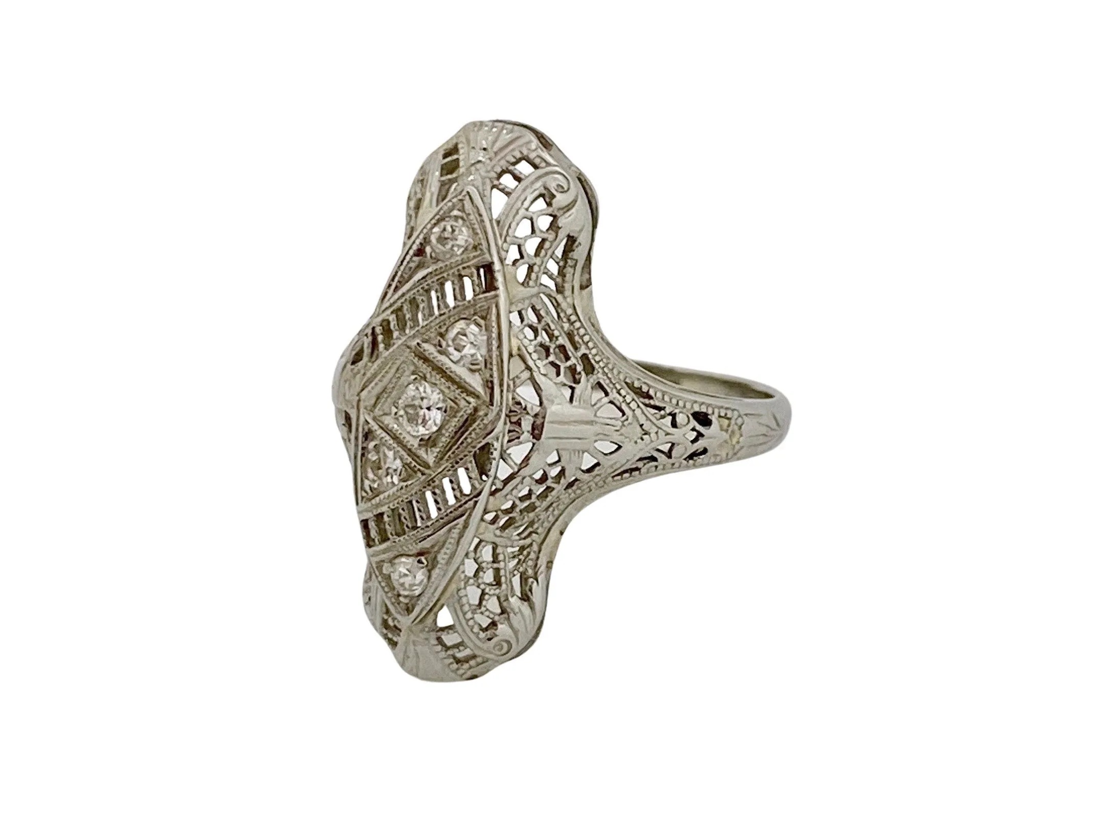 V I N T A G E // Edwardian lace armor / 18k white gold filigree shield ring with five diamonds / size 5.75