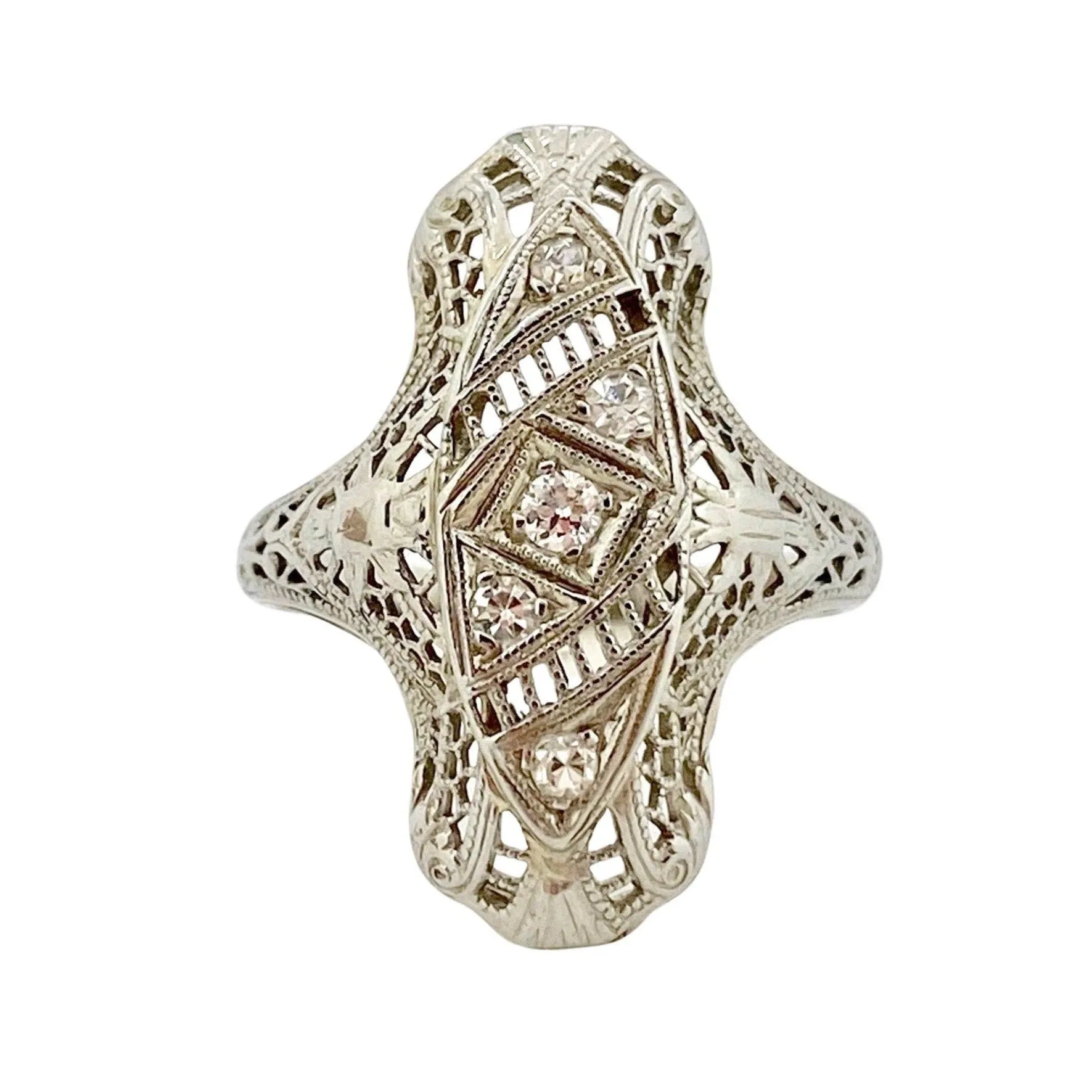 V I N T A G E // Edwardian lace armor / 18k white gold filigree shield ring with five diamonds / size 5.75