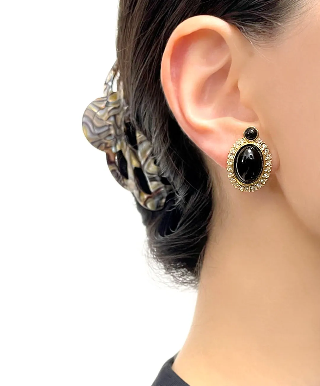 【フランス輸入】ヴィンテージ SPHINX ブラック カボション イヤリング/Vintage SPHINX Black Cabochon Clip On Earrings