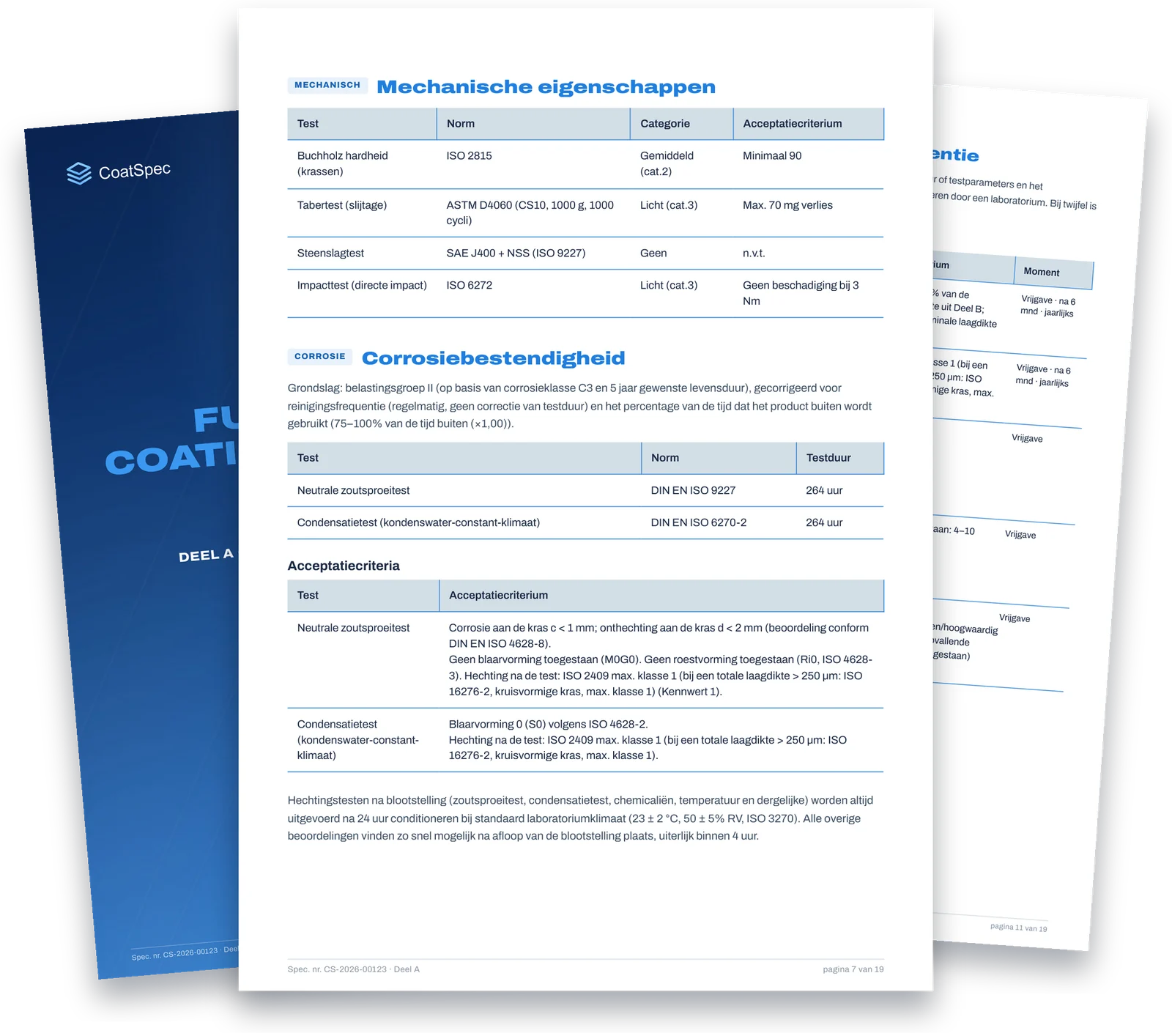 Pagina's uit een CoatSpec-lakspecificatie: eisen, normen en acceptatiecriteria