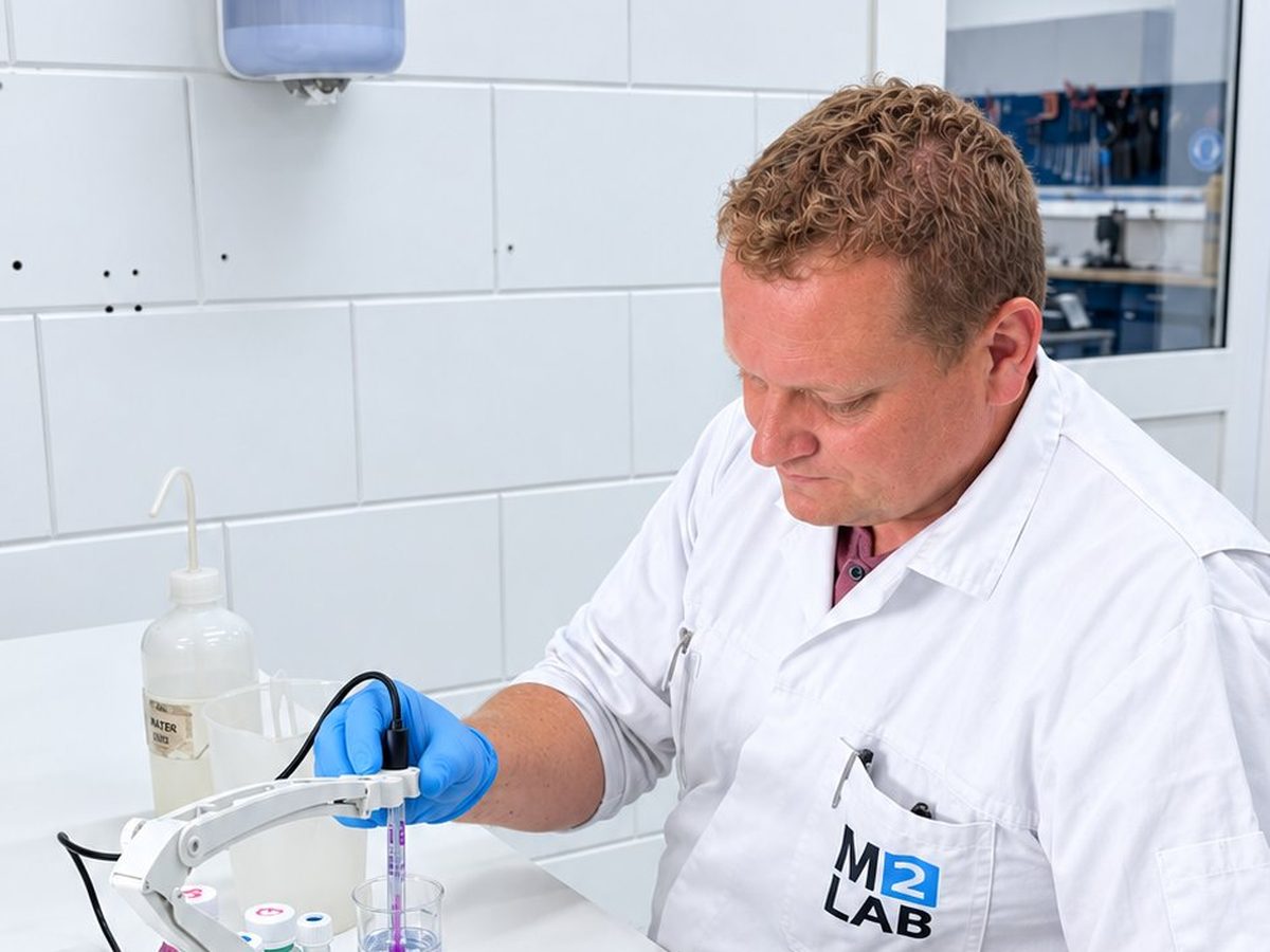 Laborant in M2LAB-labjas meet een watermonster met een elektrode